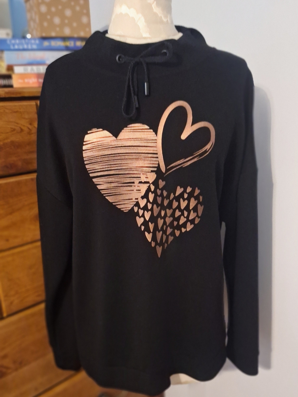 Alison Sheri Black Pullover With Rose-Gold Hearts